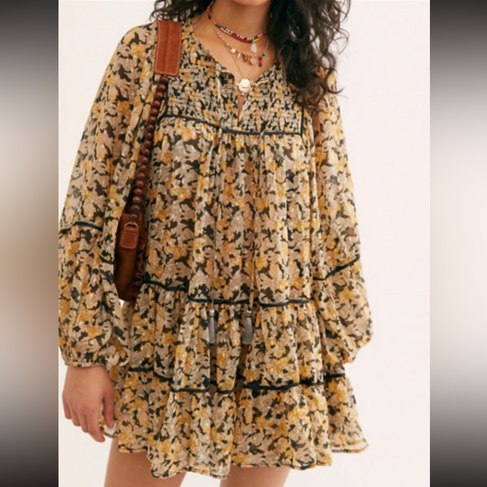 Free People Swinging Sheer Floral Boho oversized Mini Dress Sz M flowy